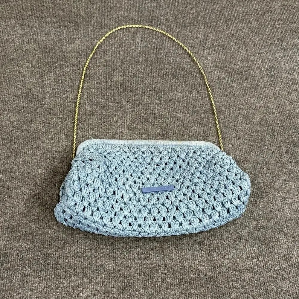 Loeffler Randall Clutch Womens Medium Blue Raffia Trudie Frame Crochet Handbag